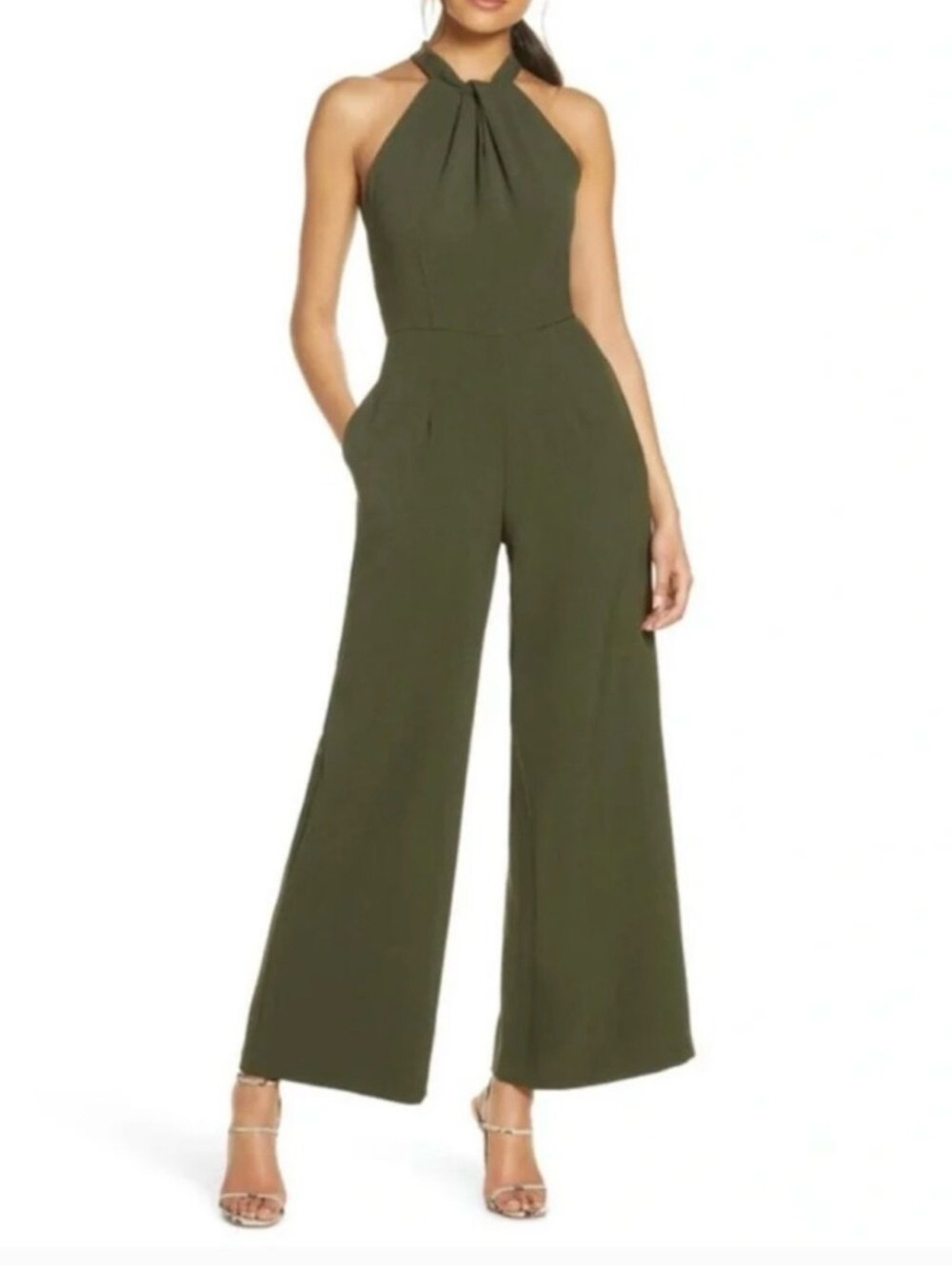 Julia Jordan Olive Halter Wide-Leg Jumpsuit
